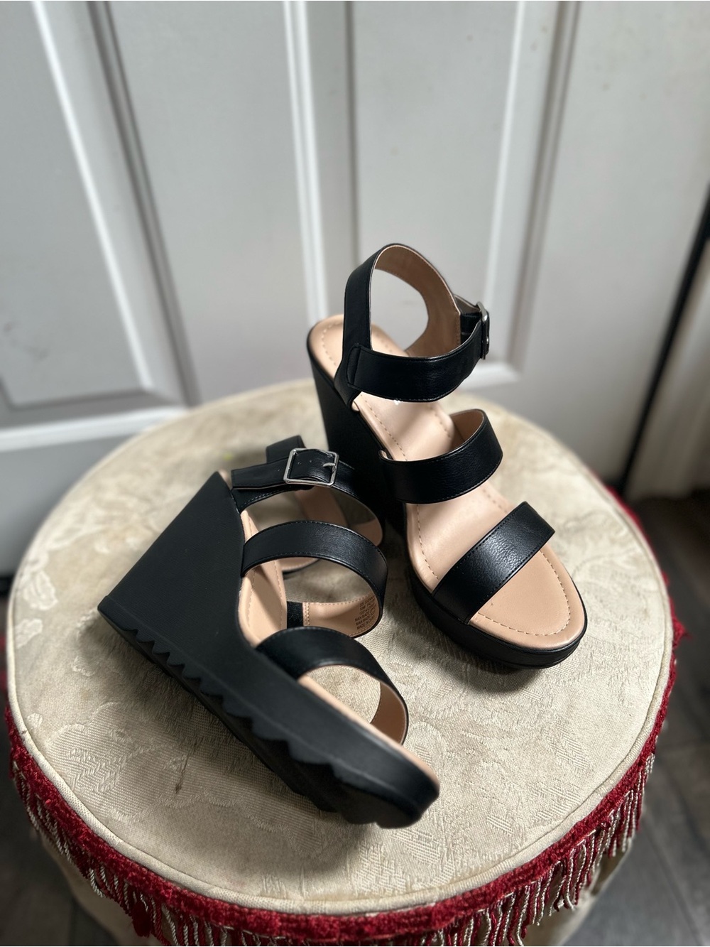 Sun + Stone Black Wedge Sandals with Ankle Strap - Sz 10